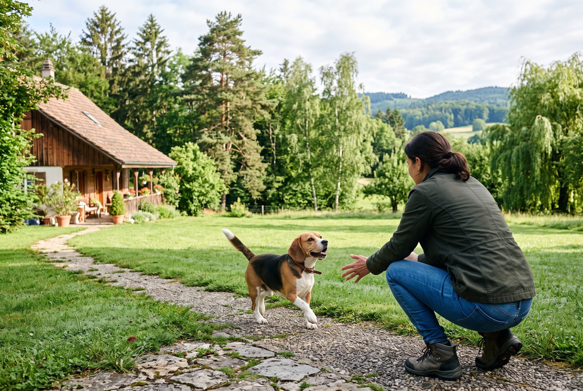 Un beagle arrive en remuant la queue, accueilli par une personne accroupie dans le jardin