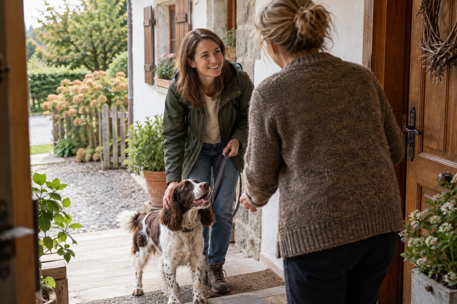 Illustration d'un propriétaire et de son chien accueillis devant une maison