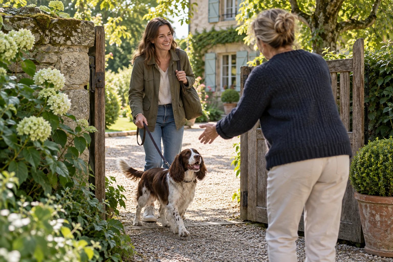 Illustration d'un chien découvrant l'entrée d'une maison avec son propriétaire