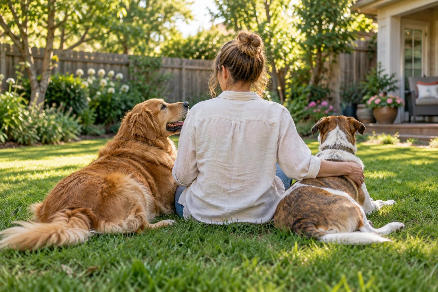 Illustration d'une personne vue de dos partageant un moment calme avec des chiens dans un jardin