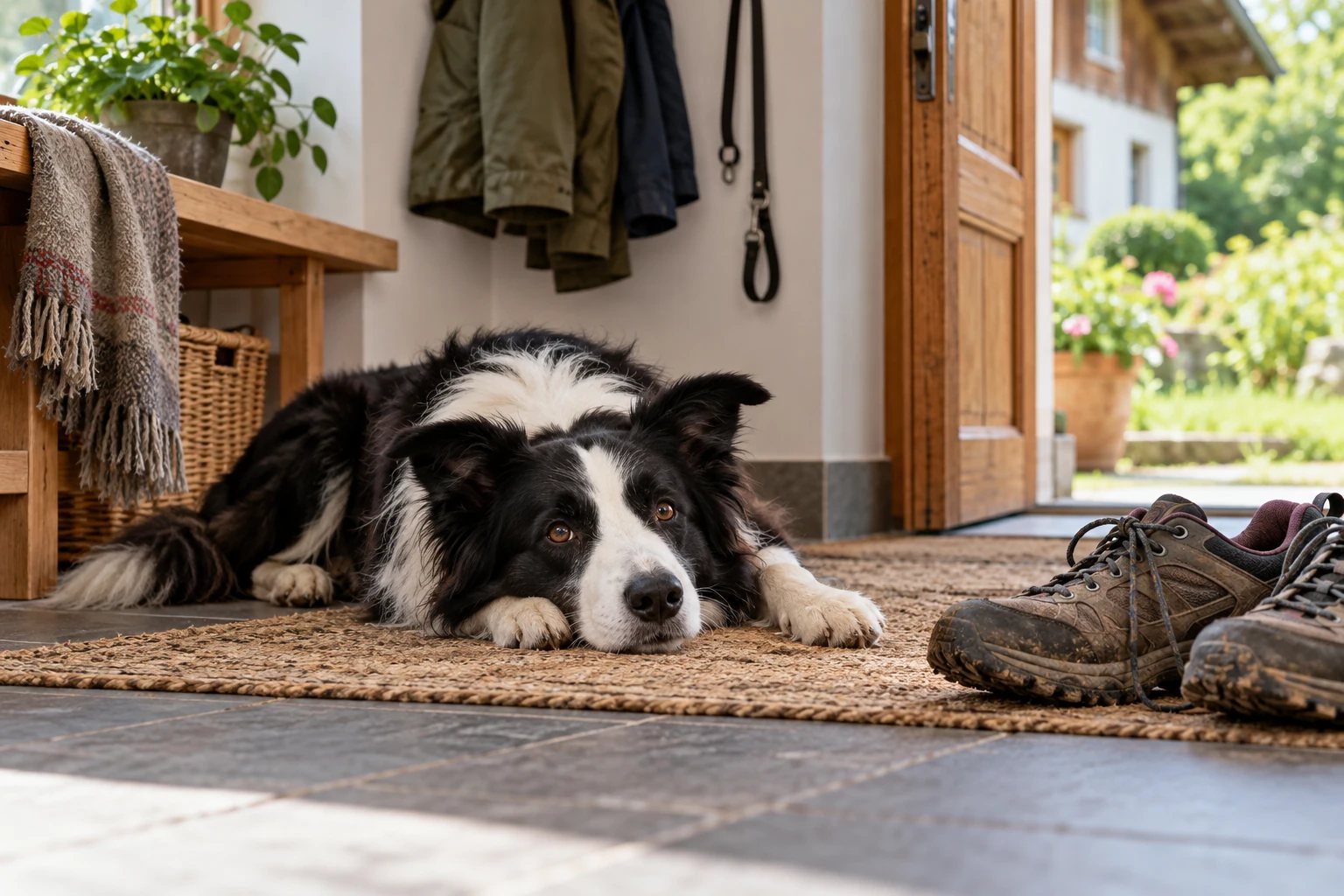 Illustration d'un chien au repos près de chaussures de promenade dans une maison