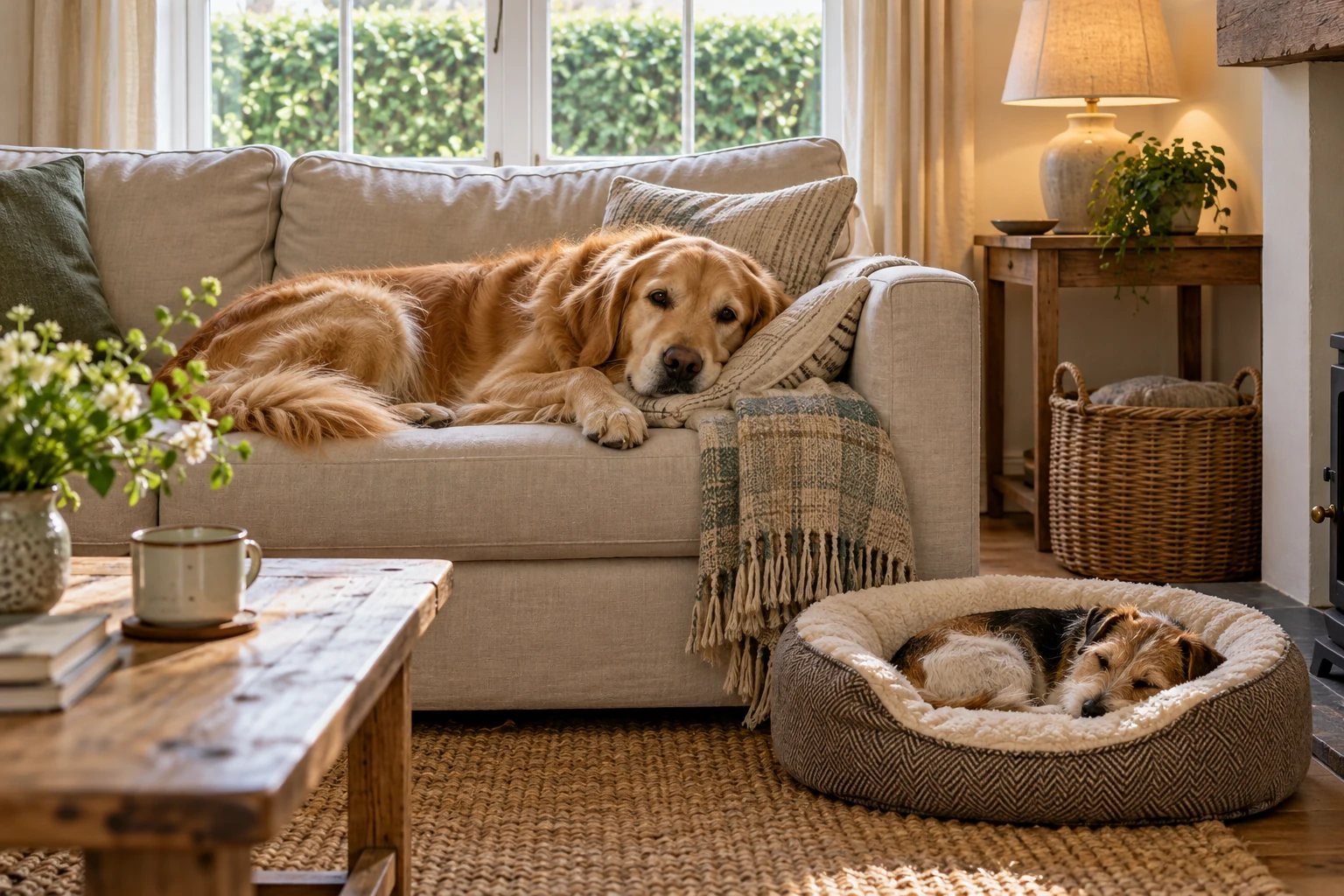 Illustration de deux chiens installés confortablement dans un salon familial