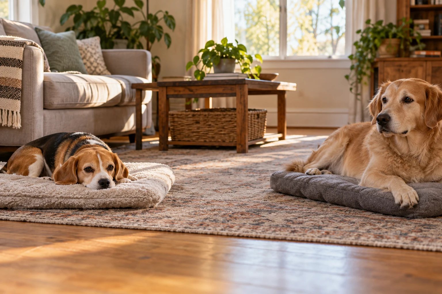 Illustration de chiens au repos sur des tapis distincts dans une pièce calme
