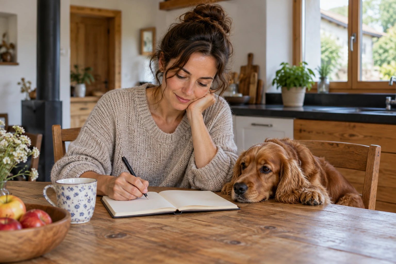 Illustration d'une personne préparant les consignes de garde à côté de son chien