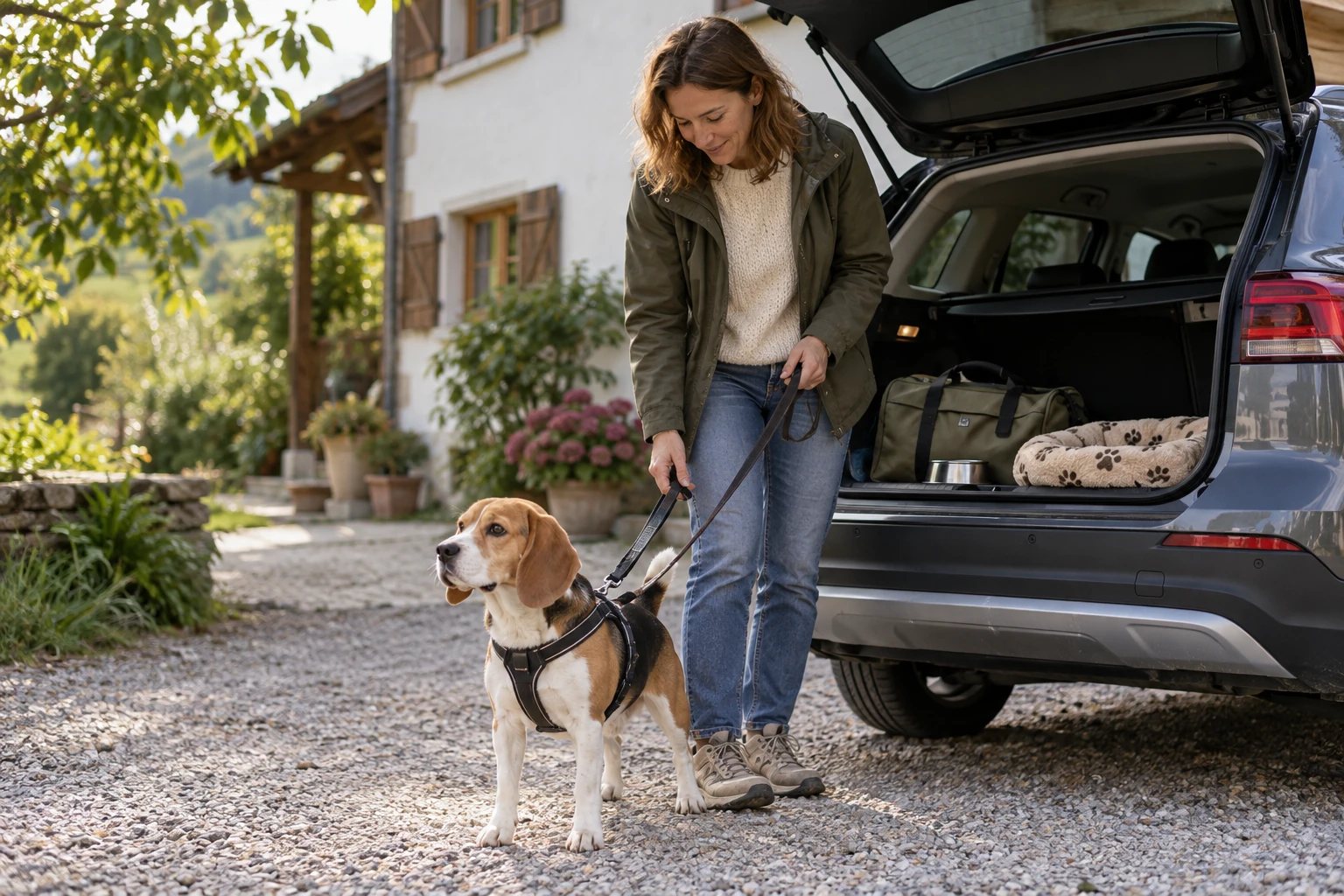 Illustration d'un chien en harnais auprès de son propriétaire avant un départ en voiture