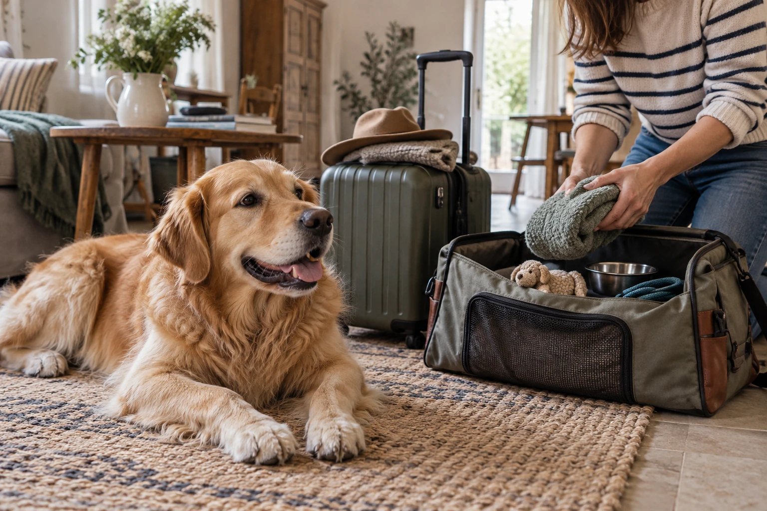 Illustration d'un chien près des bagages pendant la préparation des vacances