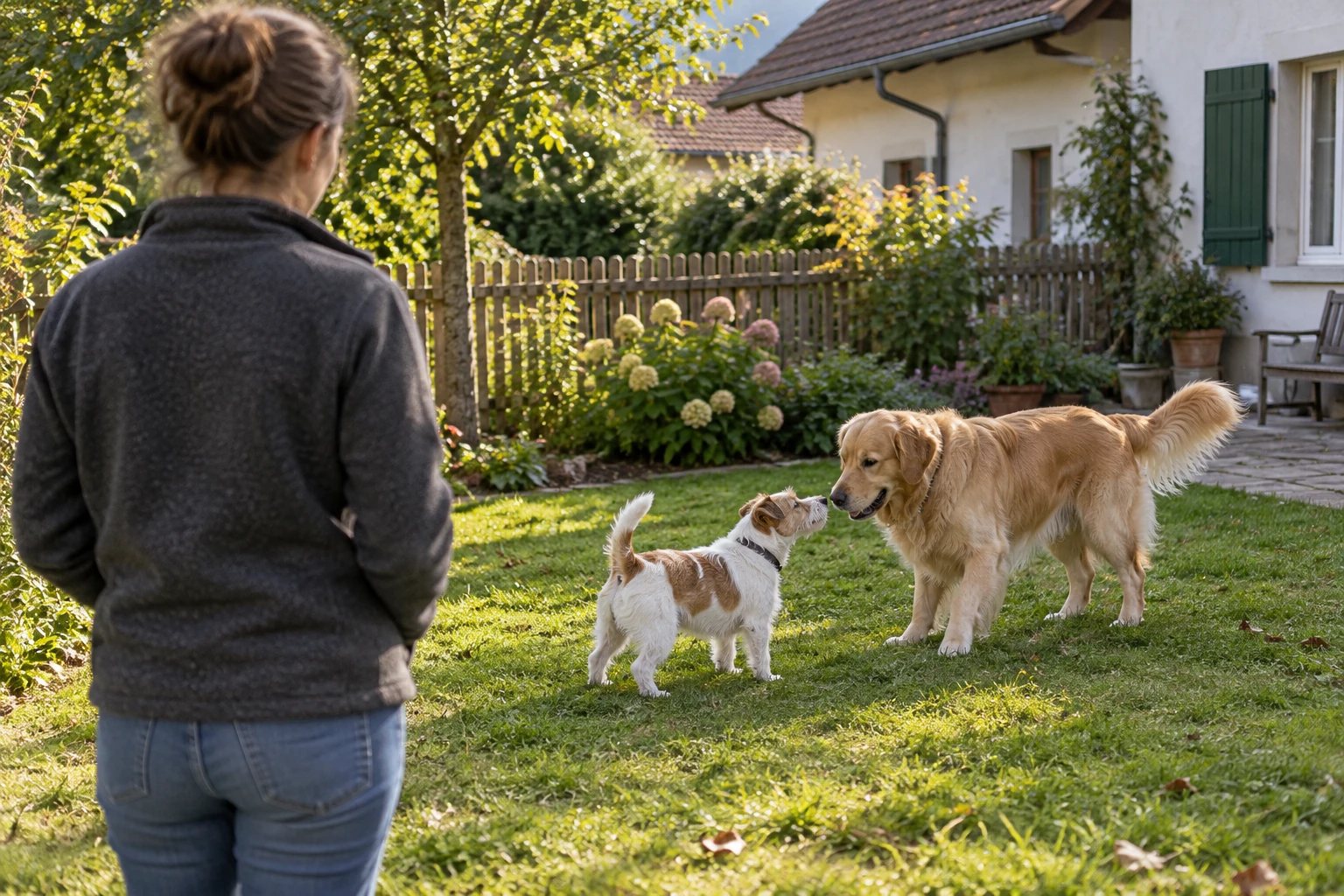 Illustration de deux chiens qui font connaissance dans un jardin sous le regard d'une personne