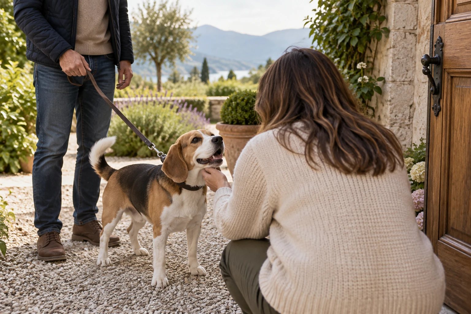 Illustration d'une première rencontre entre un chien, son propriétaire et une accueillante vue de dos
