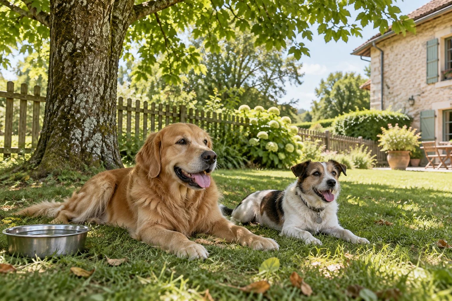 Illustration de chiens au repos à l'ombre dans un jardin clos