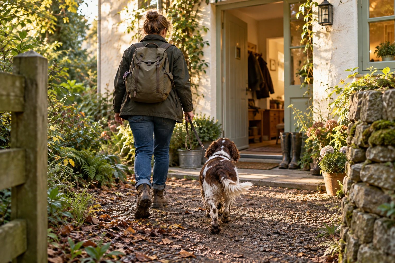 Illustration d'un chien en promenade dans les bois avec une personne vue de dos