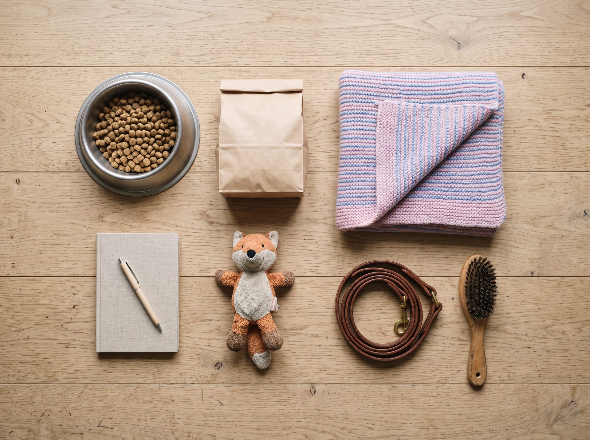Les affaires du chien posées à plat : gamelle de croquettes, sachet, plaid, carnet, doudou, laisse et brosse