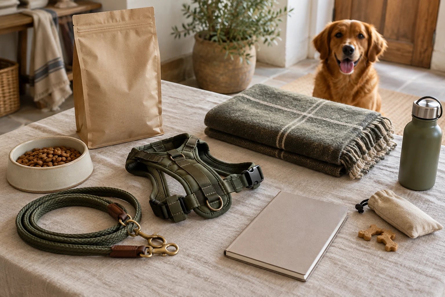 Illustration des essentiels préparés pour les vacances d'un chien