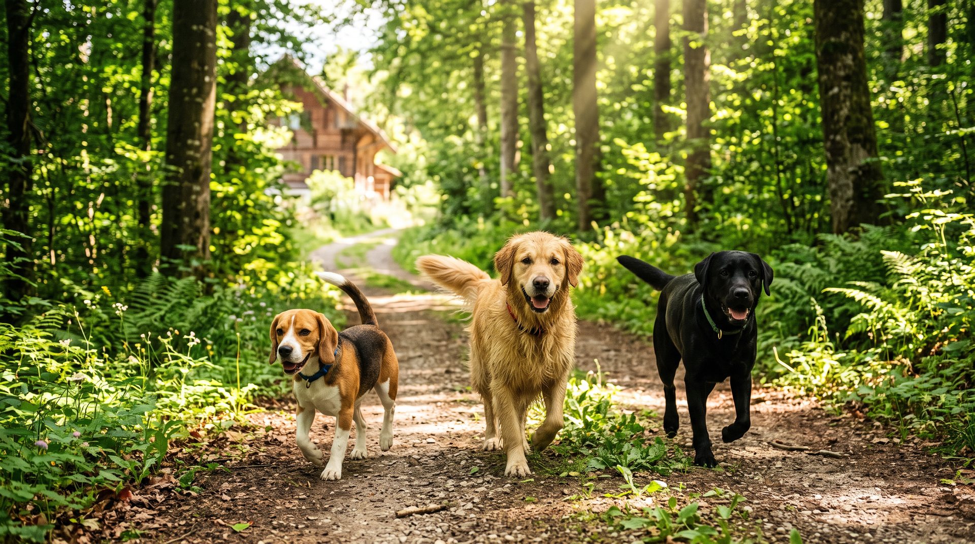 Un beagle, un golden retriever et un labrador noir trottinent sur un sentier forestier ensoleillé