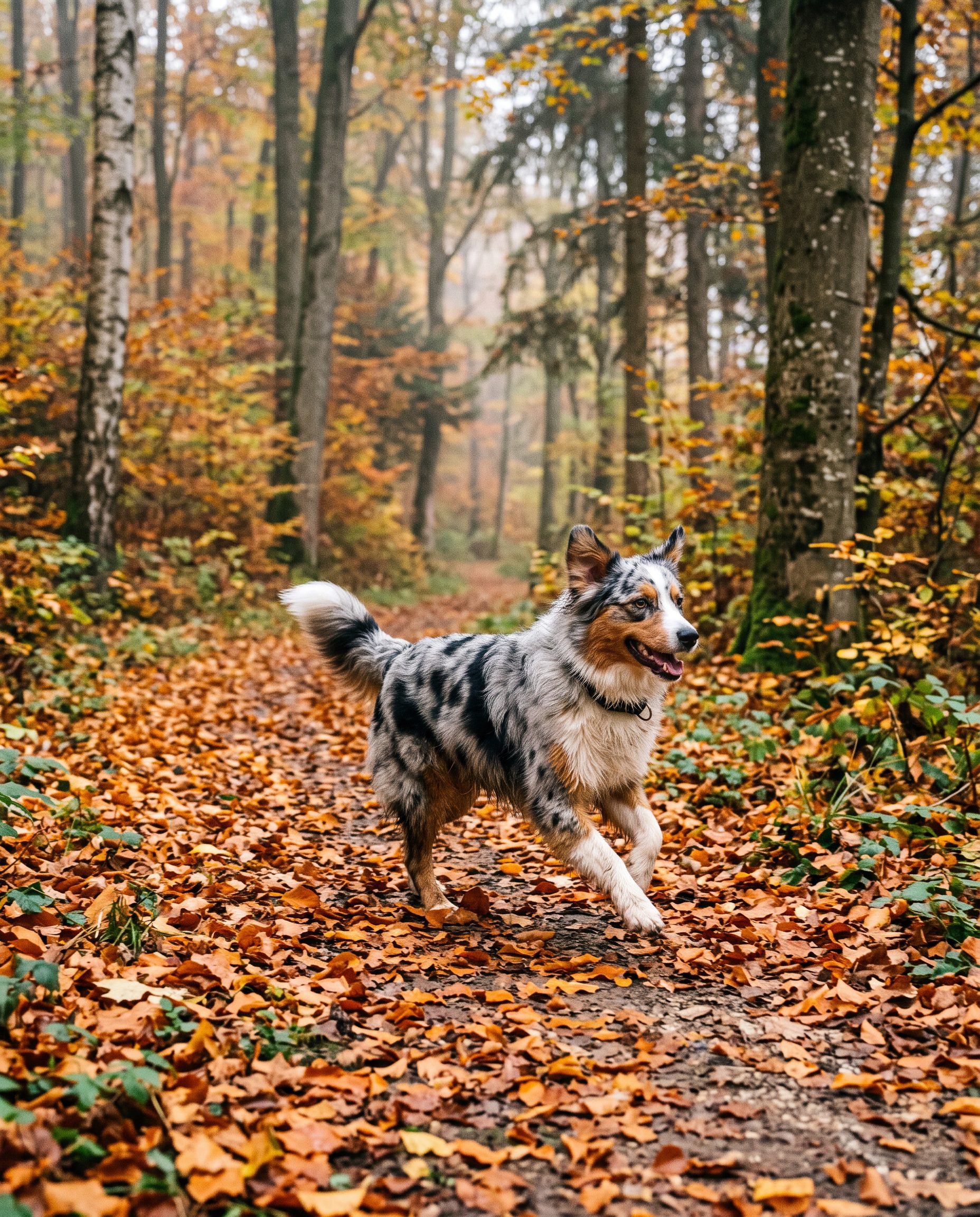 Un berger australien trottine dans les feuilles d'automne