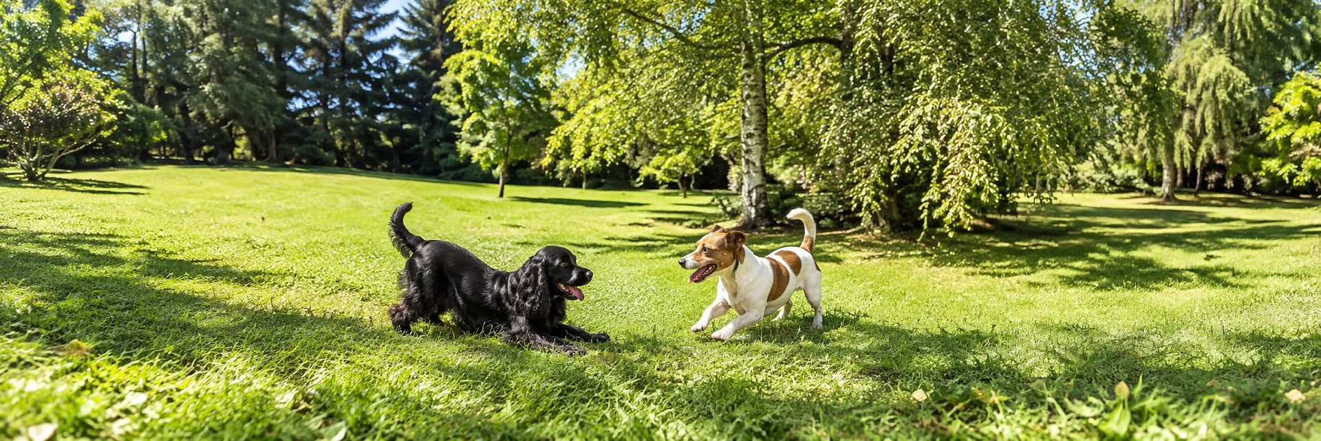 Un cocker noir et un jack russell s'invitent à jouer sur la pelouse