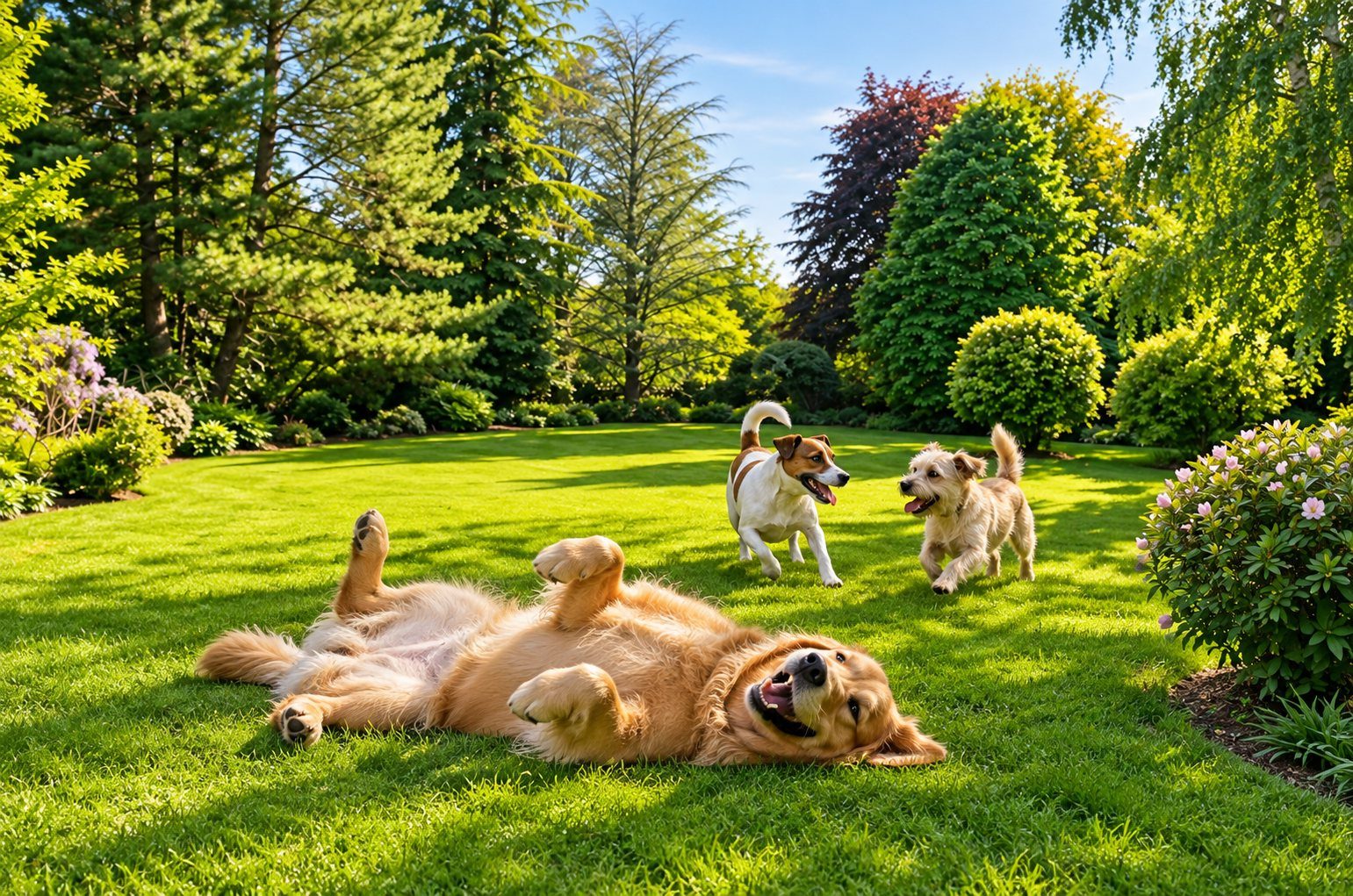 Un golden retriever se roule dans l'herbe au soleil, deux petits chiens jouent à côté