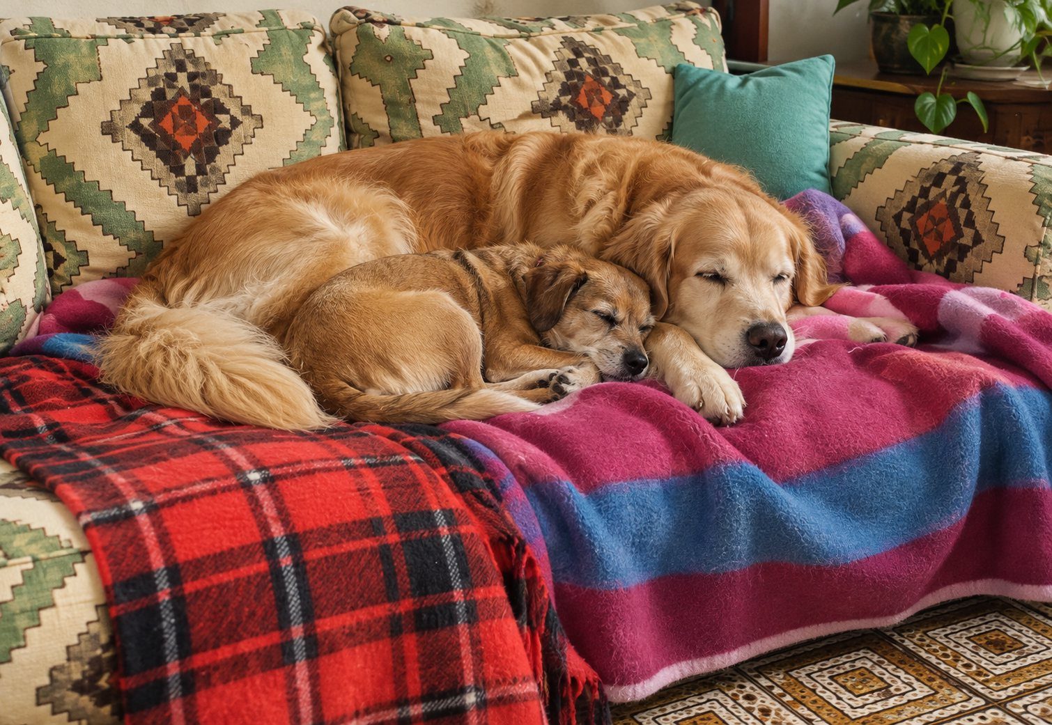 Un golden retriever et un petit chien dorment blottis sur le canapé