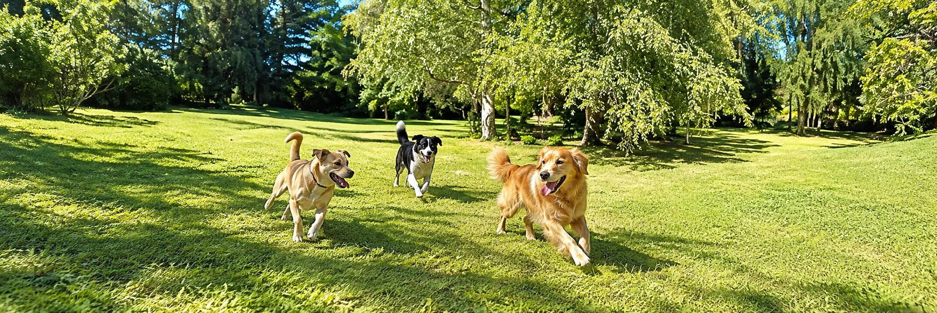 Trois chiens courent joyeusement vers l'objectif sur la pelouse