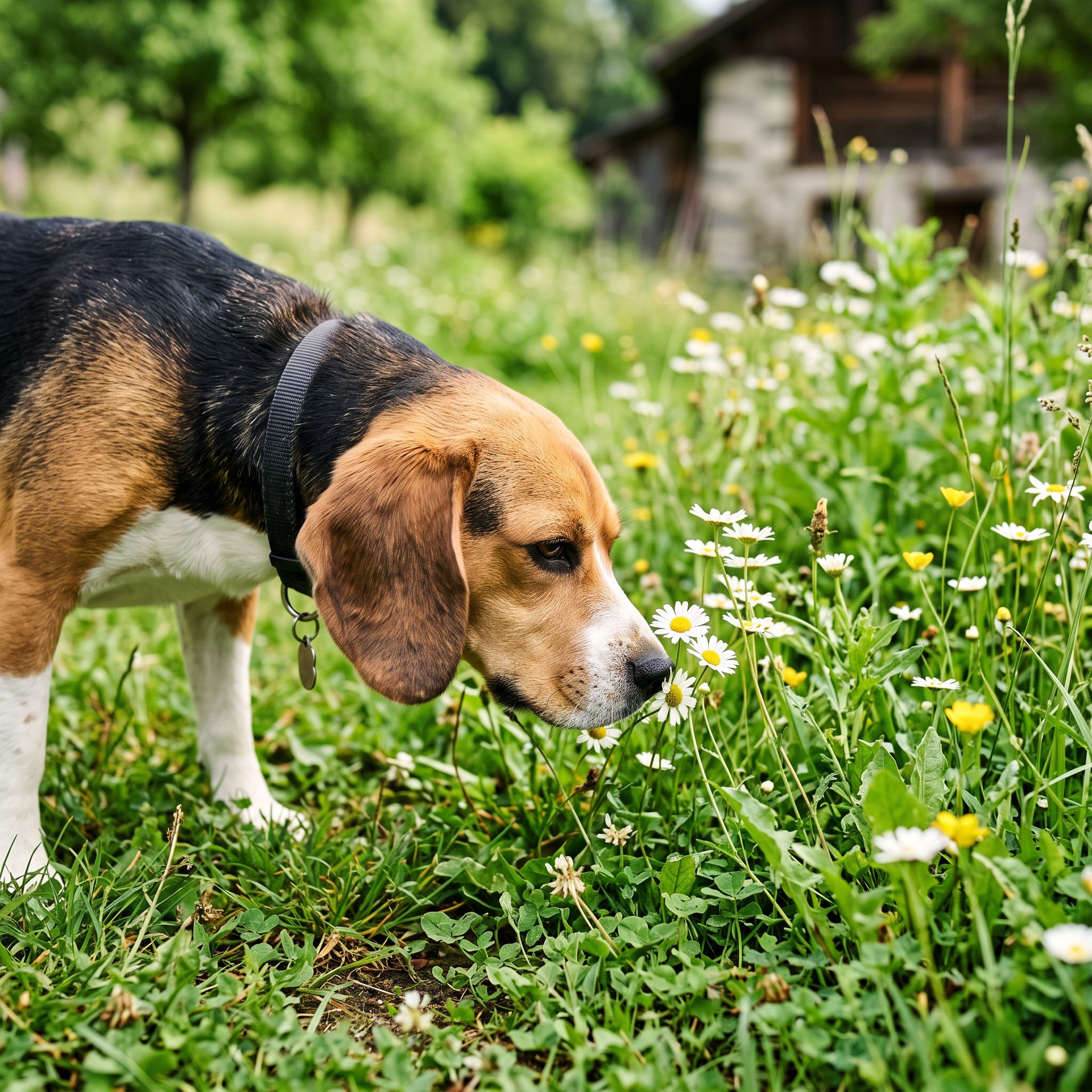 Un beagle renifle les pâquerettes de la pelouse