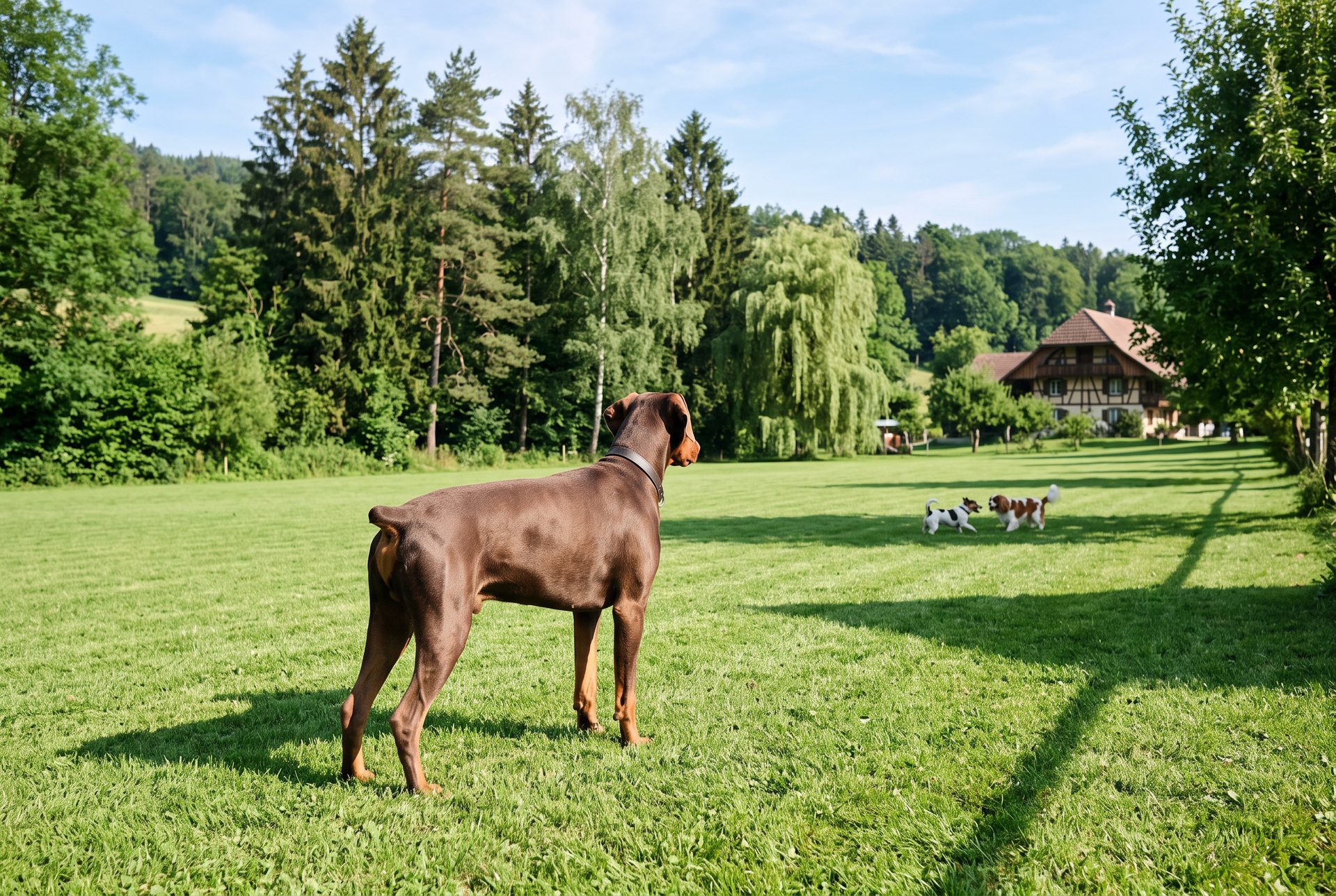 Un dobermann marron sur la grande pelouse, deux petits chiens jouent au loin