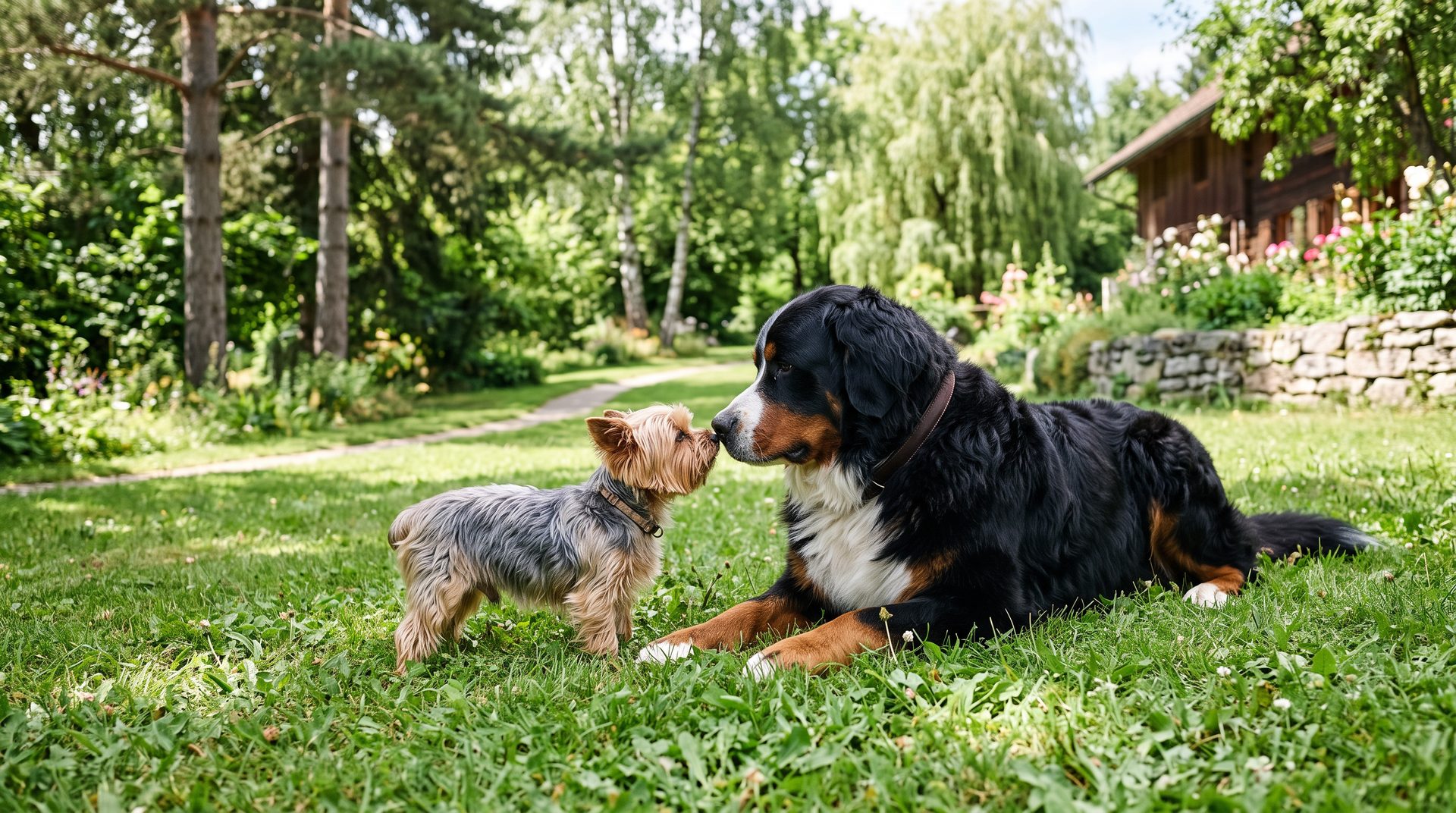 Un bouvier bernois couché dans l'herbe et un petit yorkshire nez à nez