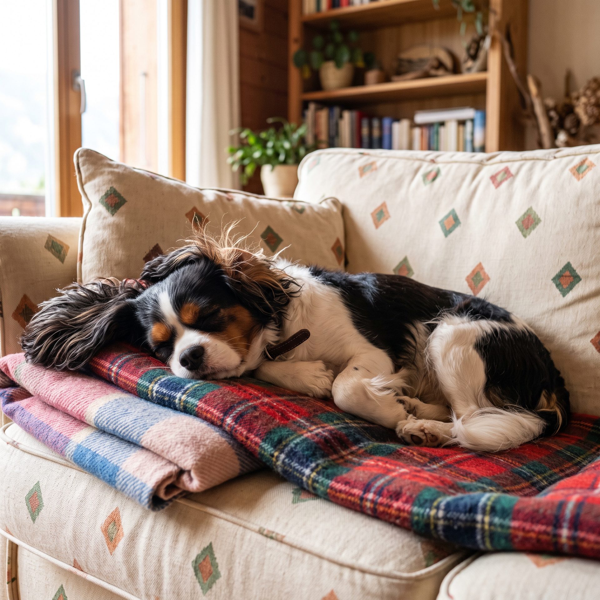 Un cavalier king charles endormi sur des plaids, sur le canapé