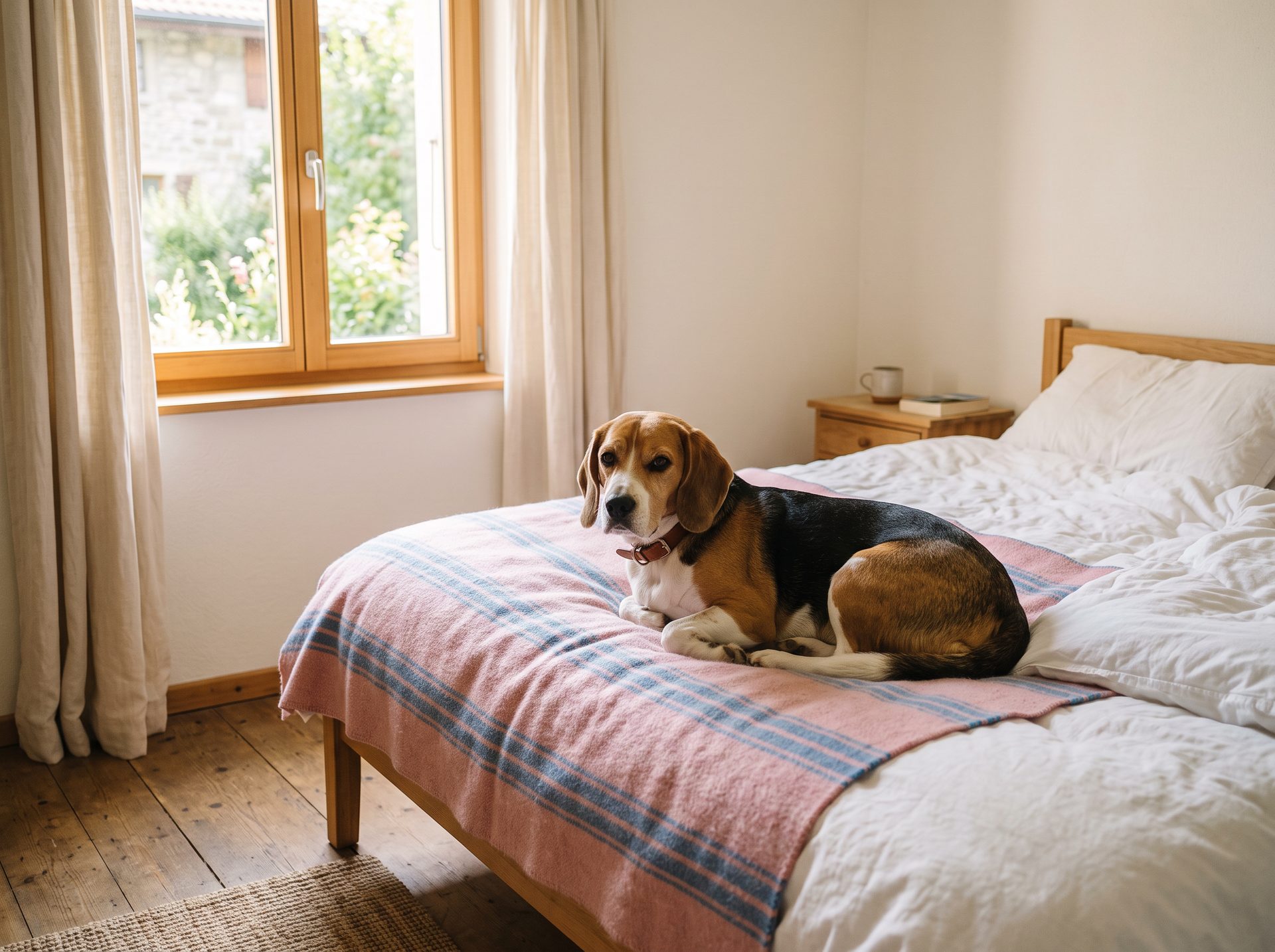 Un beagle se repose sur un lit, sur une couverture à carreaux roses et bleus