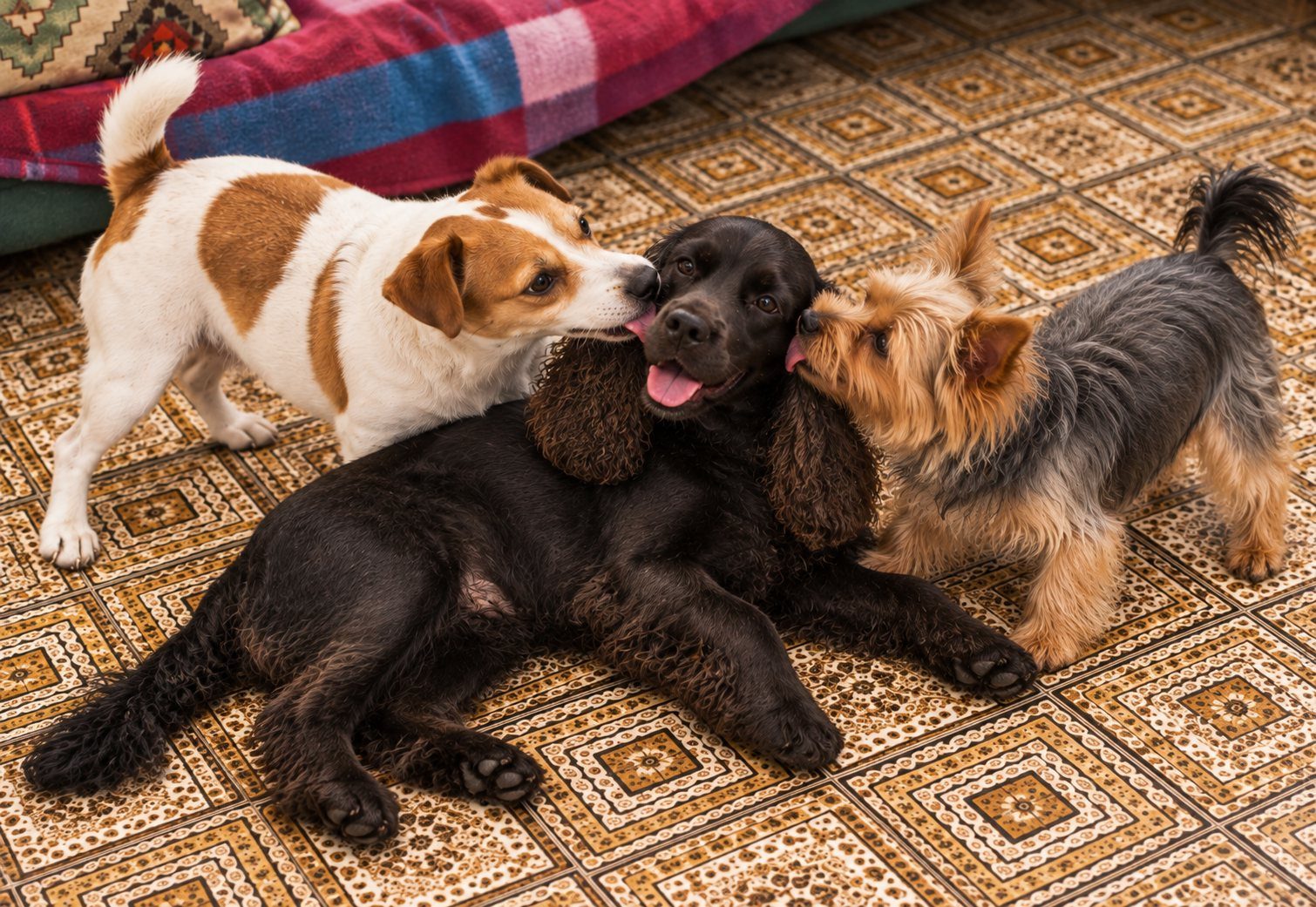 Un jack russell, un cocker noir et un yorkshire se font des câlins sur le tapis du salon