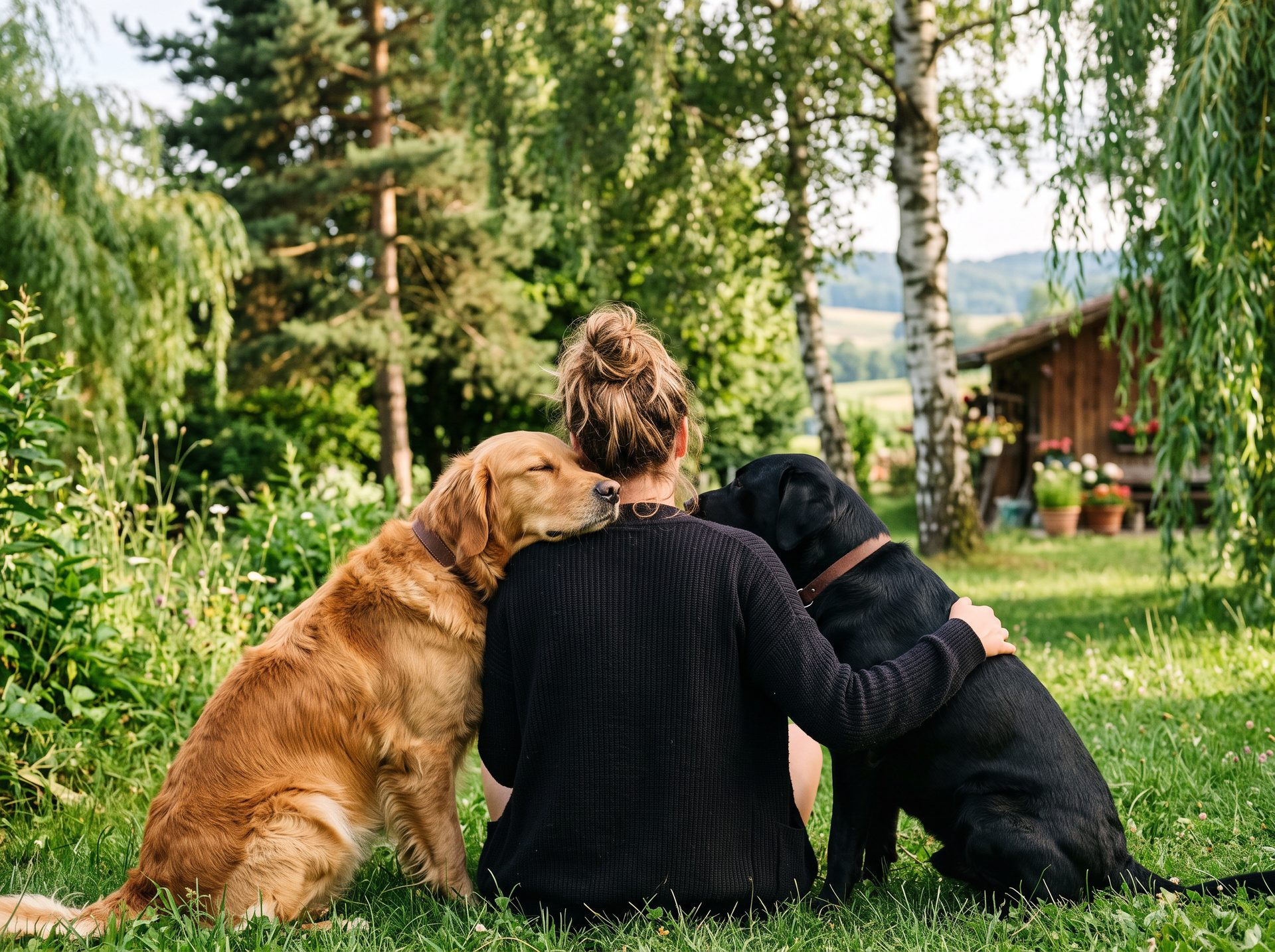 Une femme vue de dos, assise dans l'herbe, un golden retriever et un labrador noir appuyés contre elle