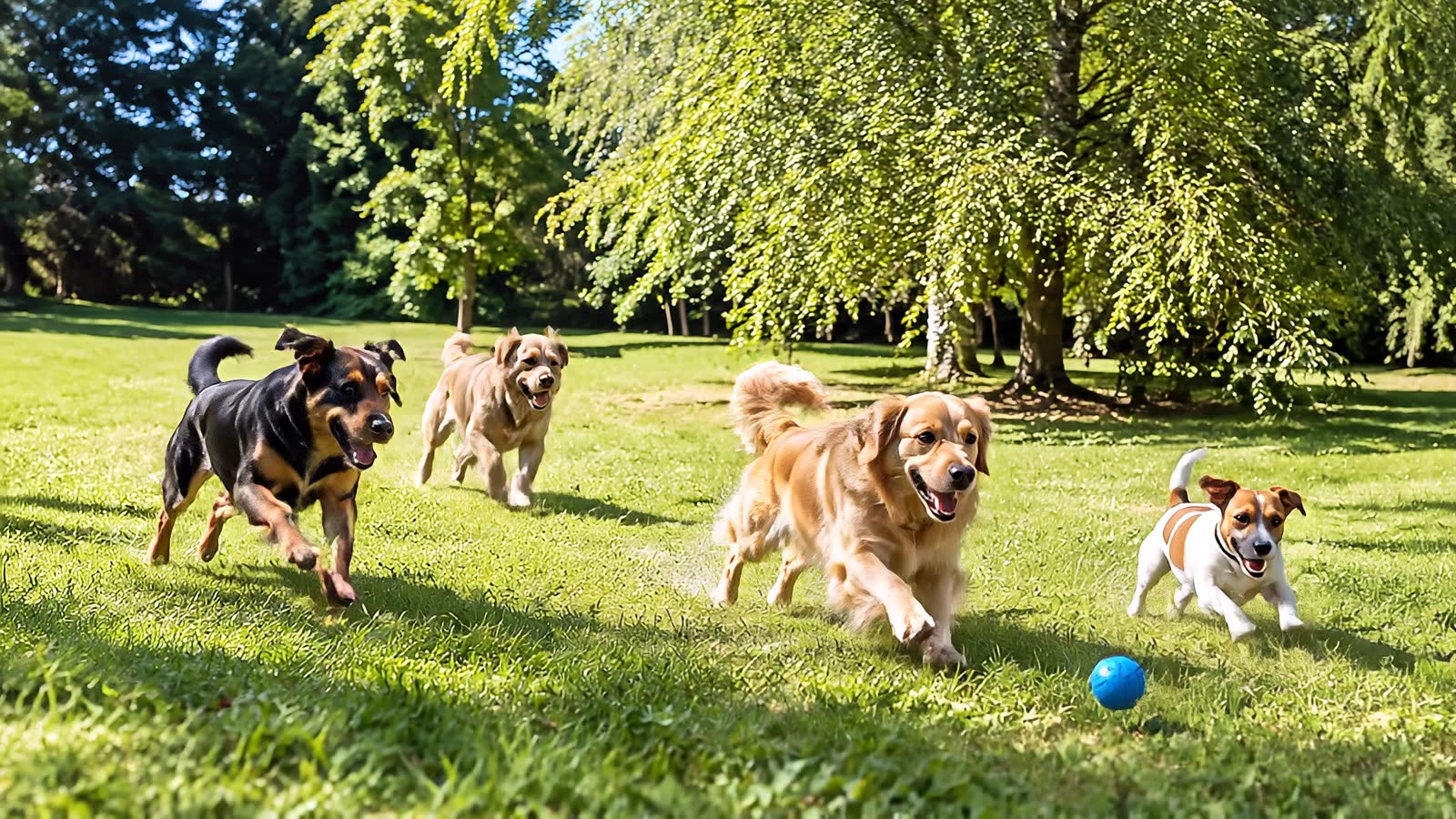 Des chiens courent et jouent sur la grande pelouse de la pension